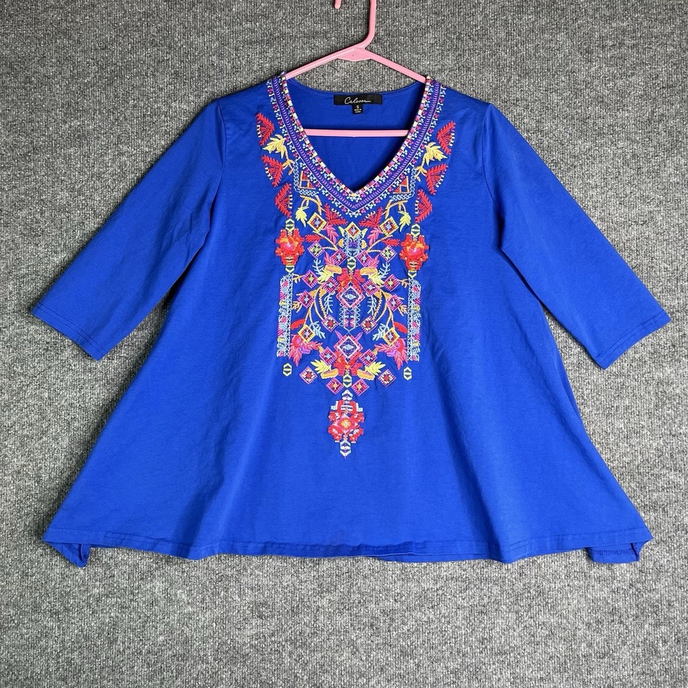 Calessa Embroidered Tunic‎ Top Women Small Blue Boho 3/4 Sleeve